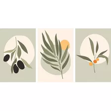 Quadro Folhas Natureza Minimalista 3 Telas Luxo Para Sala Cor Verde Creme Frutos