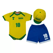 Body Bebê Temático Seleção Brasil + Shorts E Boina