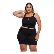 Conjunto Saia E Cropped Decote Com Elastano Plus Size 