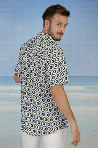 Camisa Fibrana Poplin Hombre Xxl Manga Corta Estampada