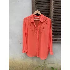 Blusa Camisa Social, Alfaiataria, Da C&a Em Crepre Cor Coral