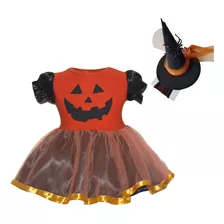 Vestido Infantil Halloween Laranja Mesversario Chapeu Aranha