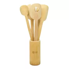 Kit Culinário 5 Colheres De Bambu Utensílios Cozinha Madeira