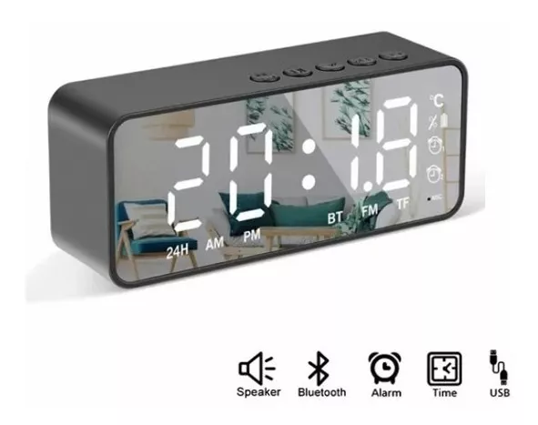 Reloj Despertador Digital Bocina Bluetooth Con Espejo Led