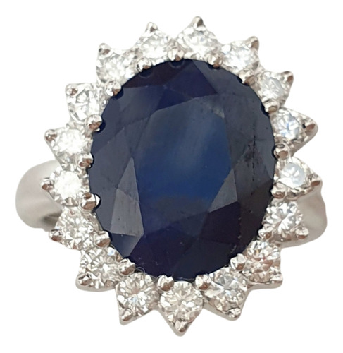 Anel Safira Azul 4,2ct E Diamantes 0,85ct Em Ouro 18k 750 Branco 15