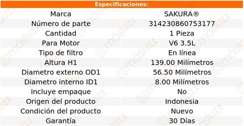 (1) Filtro Combustible Isuzu Axiom 6 Cil 3.5l 02/03 Sakura Foto 2