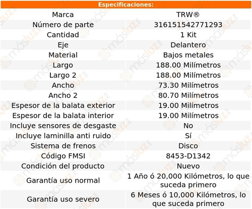 Balatas Bajos Metales Delanteras Mercedes-benz E300 13 Trw Foto 2