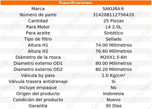 Paquete 25 Filtros Aceite Rondo 2.0l 4 Cil 14/18 Sakura Foto 2