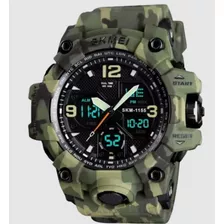 Relógio De Pulso Skmei 1155 Com Corpo Camuflado Verde, Analógico-digital, Para Masculino, Fundo Preto, Com Correia De Poliuretano Cor Camuflado Verde, Agulhas Cor Verde, Laranja E Branco, Subdials D