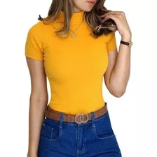 Blusa Manga Curta Canelada Gola Alta 8 Cores