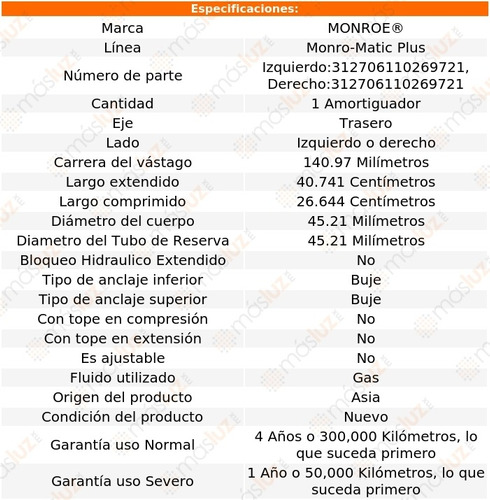 (1) Amortiguador Tra Monro-matic Plus Gas Der O Izq G5 07/09 Foto 2