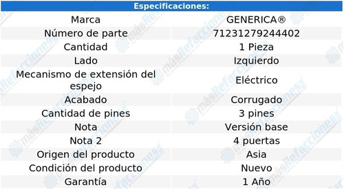 Espejo Izq Elect Corrug 3 Pines Chrysler 300m 99-01 Generica Foto 2