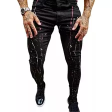 Calça Skinny Splash Destroyed Com Tinta Masculina Rasgada 