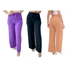 Kit 3 Calça Pantalona Feminina Cintura Alta Cós Largo Duna 