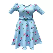 Vestido Infantil Rodado Manga Bufante 3/4 Cinto E Fivela