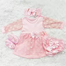 Vestido Batizado Para Bebê Recém Nascido À 6 Meses Kit 4 Pçs