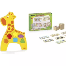 Kit Jogo Da Memória Animais + Girafa Didática Em Madeira