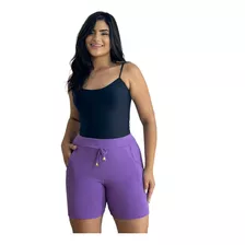 Shorts Feminino Malha Crepe Cintura Alta Bermuda Com Bolso