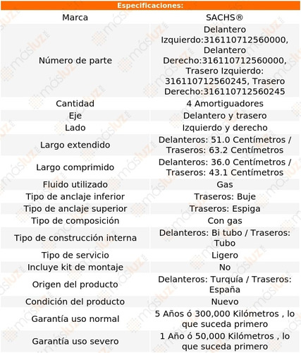 Kit 4 Amortiguadores Gas Volkswagen Polo 13/20 Sachs Foto 2