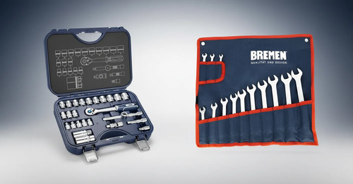 Kit Bremen: Set Llaves Tubo 26 Pzs Enc 3/8 Mm Azul + Llaves Combinadas Juego 13 Pzs 7-19 Estuche Dgm