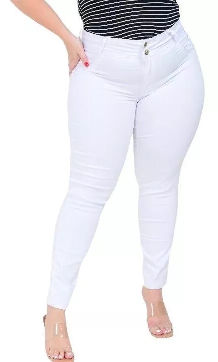 Calca Branca Jeans Feminina Plus Size Cintura Alta Com Lycra
