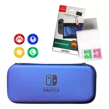 Case Capa Estojo + Película Vidro + 4 Grip Nintendo Switch Cor Azul