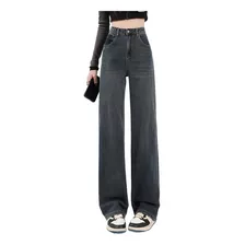 Jeans/elástico Cintura Alta Lavado Drapeado Piernas Anchas