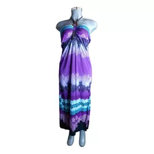 Vestido Strapless Largo Para Mujer Morado Con Azul Estampado