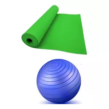 Tapete Yoga Ginástica Pilates 170x60cm Bola Inflavel 55 Cm Cor Verde - Azul