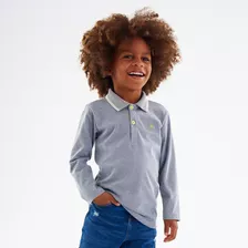Camisa Polo Infantil Manga Longa Malha Texturizada Cinza