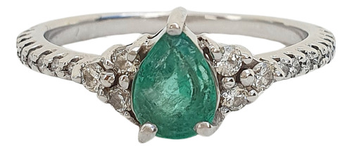 Anel Gota De Esmeralda E Diamantes De Ouro Branco 18k 750 Branco 23