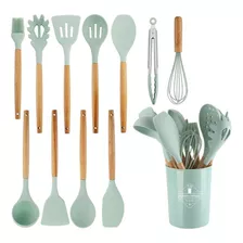 Set 12 Utensilios Cocina Mango Silicona Y Madera Repostería