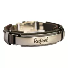 Pulseira Masculina Personalizada Couro Marrom Com Nome Data