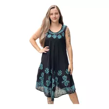 Vestido Curto Indiana Trapézio Bordada Batik Plus Size 55