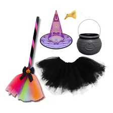 Kit Fantasia Bruxa Vassoura Chapéu Festa Halloween - Luxo