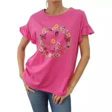 Remera Algodón Estampa Paz Y Flores Mujer