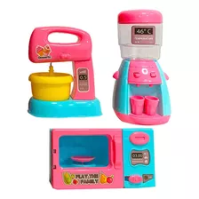 Kit 3 Mini Brinquedos De Cozinha Microondas Batedor Filtro