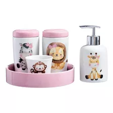 Kit Higiene Quarto De Bebê Porta Algodão Bandeja Safari Rosa