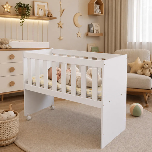 Mini Berço Infantil Portátil Com Rodinhas E Colchão Liso Branco