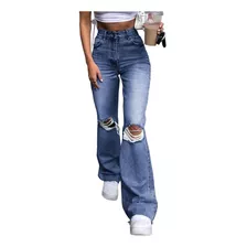 Calça Casual Solta Feminina Jeans Bootcut Rasgado