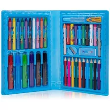 Estojo Pintura Escolar 48 Peças Canetinhas Giz Lápis Azul