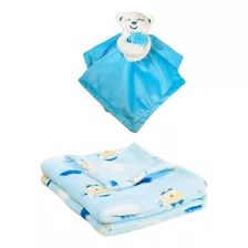 Manta Com Naninha Ursinho Infantil Azul Bebê Unikbaby Menino