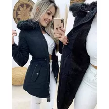 Casaco Parka Sobretudo Feminino Capuz Forrada Pelinho