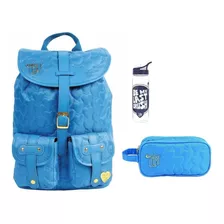 Kit Capricho Love Azul Mochila De Costas + Estojo + Garrafa