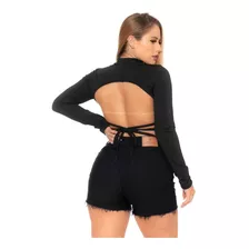 Cropped Gola Alta Preto Aberto Nas Costas Criss Cross