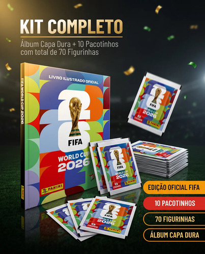 Kit 70 Figurinhas + Álbum Copa Do Mundo Fifa 2026 Panini Capa Dura C\u002F 10 Envelopes
