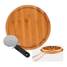 Tabla Pizza Pizzera Madera Bambu Redonda 33cm + Corta Pizza
