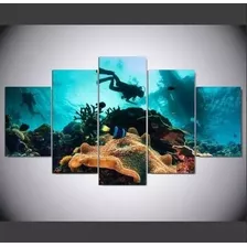 Quadro Decorativo Mosaico 5 Peças Mergulhador Fundo Do Mar 