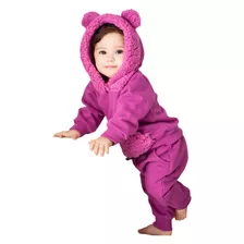 Conjunto Moletom Bebê Capuz Touca Casaco Teddy Orelha Roxo