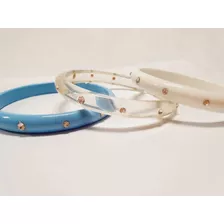 Bracelete Acrilico Stras Kit 3pç Azul, Transparente Branco